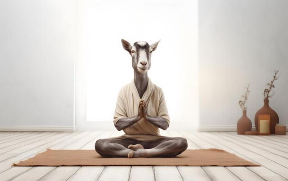 an AI-generated humanoid goat sitting on a yoga pad in a lotus pose